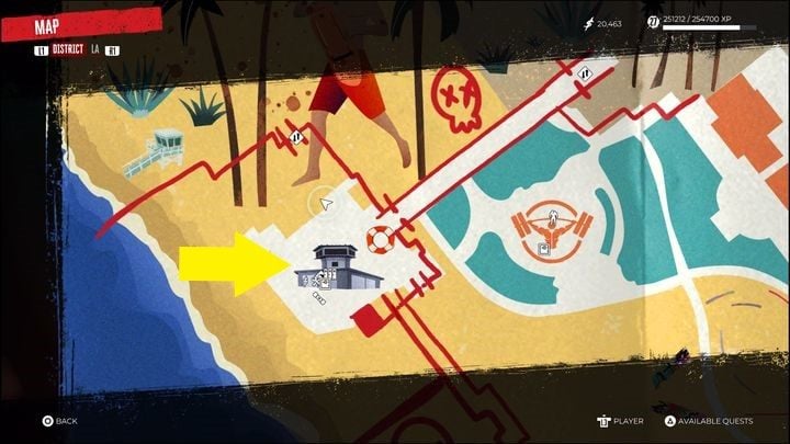 Um zu dem Ort zu gelangen, an dem Sie die Waffe freischalten und die Quest abschließen können, gehen Sie zu der Stelle, die im Bild mit einem gelben Pfeil markiert ist – Dead Island 2: Redacted – Lost and Found – Dead Island 2 Guide