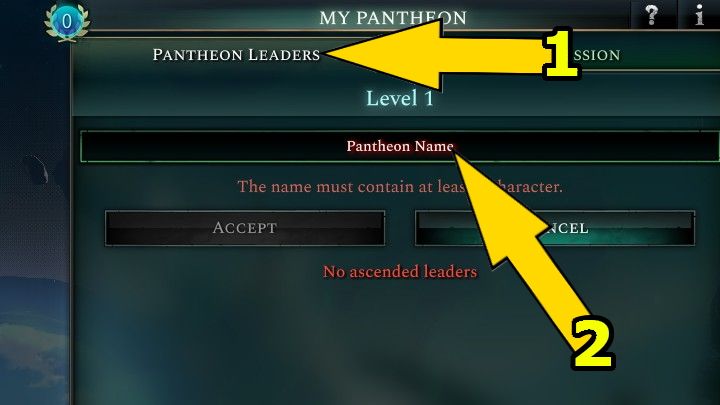 Dort können Sie die aufgestiegenen Helden (#1) überprüfen und Ihrem Pantheon einen Namen geben (#2) – Age of Wonders 4: Pantheon – Grundlagen – Age of Wonders 4 Guide