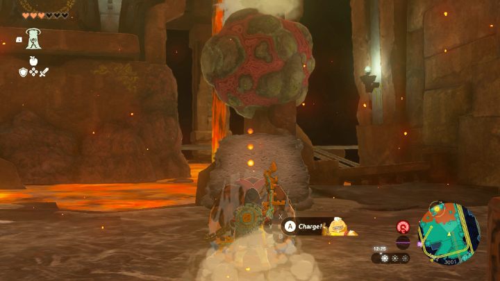Zerstöre den roten Felsbrocken und bewege dann die Steinplattform so, dass sie mit dem Gong ausgerichtet ist – Zelda TotK: Yunobo of Goron City – Komplettlösung – Zelda Tears of the Kingdom Guide