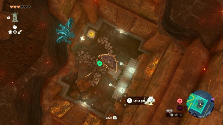 Stellen Sie sich an den Rand der kaputten Brücke und treffen Sie auf den roten Felsbrocken, der den Eingang versperrt – Zelda TotK: Yunobo of Goron City – Komplettlösung – Zelda Tears of the Kingdom Guide