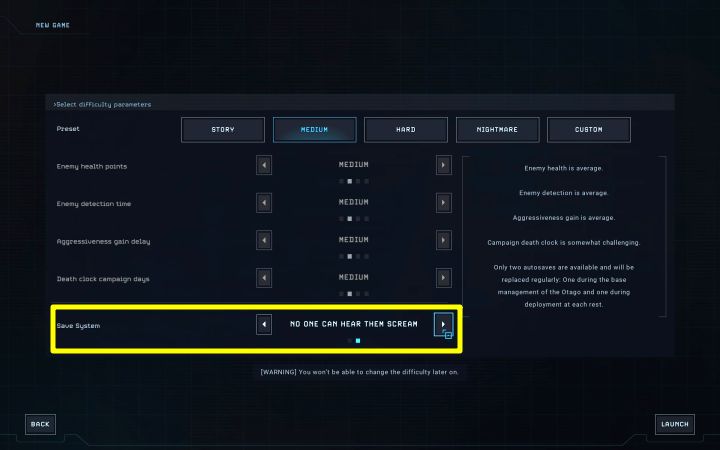 Nach dem Starten eines neuen Spiels erscheint der Auswahlbildschirm für den Schwierigkeitsgrad. - Aliens Dark Descent: Können Sie das Spiel speichern?  - FAQ – Aliens Dark Descent Guide