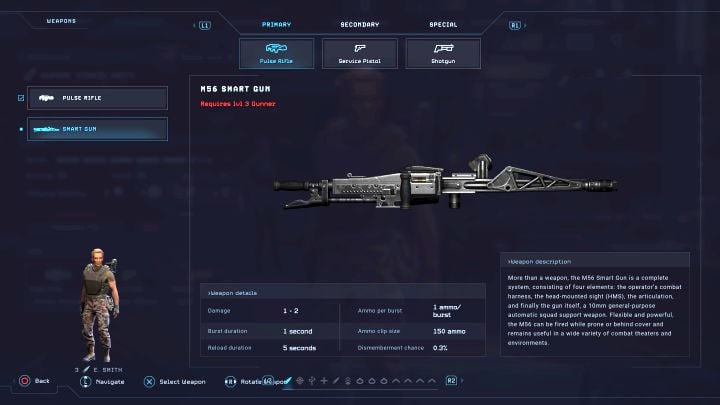 Der Hauptbildschirm zur Waffenauswahl wird geöffnet – Aliens Dark Descent: Wie schalte ich die Smart Gun frei?  - FAQ – Aliens Dark Descent Guide