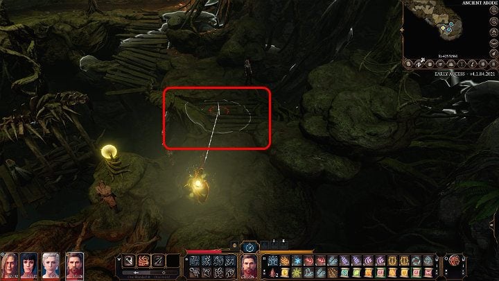 If the above methods have not worked and you have failed to summon Aunt Ethel, choose a character with area spells and then point to the place marked in the image above (a wooden bridge connecting two rock slabs) - Baldurs Gate 3: Auntie Ethel/Green Witch - how to beat? - Bosses and difficult fights - Baldurs Gate 3 Guide, Walkthrough