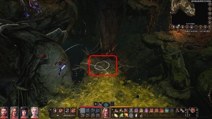 After landing, descend slightly lower and jump again so that the character lands on the left side of the poisonous cloud, around the spot shown in the image above - Baldurs Gate 3: Auntie Ethel/Green Witch - how to beat? - Bosses and difficult fights - Baldurs Gate 3 Guide, Walkthrough