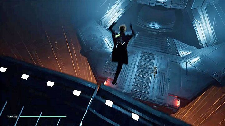 Jump to the levitating bridge and wait a moment until it gets closer to the lower platform shown in the screenshot - Chapter 6 Fortress Inquisitorius - game finale | Fallen Order Walkthrough - Main Story - Star Wars Jedi Fallen Order Guide