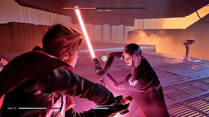The most effective technique to gradually weaken your enemy is to activate the Force Push each time she tries to start an attack - then run towards her and launch a series of attacks with your lightsaber - Chapter 6 Fortress Inquisitorius - game finale | Fallen Order Walkthrough - Main Story - Star Wars Jedi Fallen Order Guide