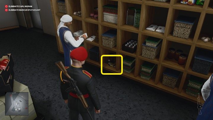 You will find the rat poison on the lowest bookcase shelf, in the place marked in the picture above - Hitman 3: Carl Ingram - how to kill him? Dubai, walkthrough - On Top of the World - Dubai - Hitman 3 Guide
