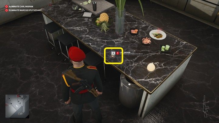 Now ring the little bell on the counter to call Carl Ingram to the dining room for dinner - Hitman 3: Carl Ingram - how to kill him? Dubai, walkthrough - On Top of the World - Dubai - Hitman 3 Guide