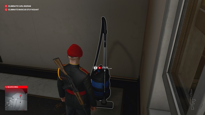 Walk up to the vacuum cleaner and turn it on - it's best to move away immediately, as this action will alert all guards and staff - Hitman 3: Carl Ingram - how to kill him? Dubai, walkthrough - On Top of the World - Dubai - Hitman 3 Guide