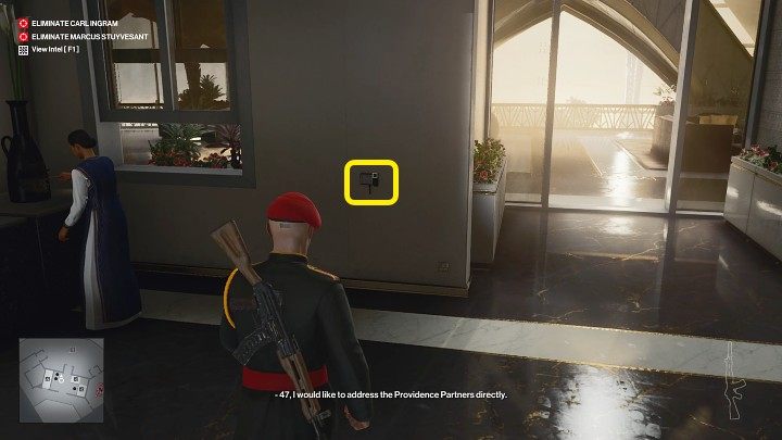 Go through the conference room to the reception area and then enter the penthouse - Hitman 3: Carl Ingram - how to kill him? Dubai, walkthrough - On Top of the World - Dubai - Hitman 3 Guide