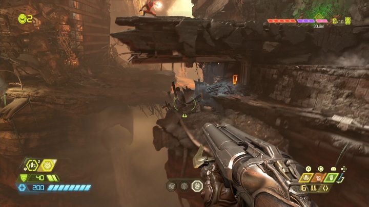 As soon as you start this level you have to jump on the damaged wagon, and from there jump directly on the destroyed building - Doom Eternal: Super Gore Nest secrets maps and location - Collectibles and secrets - Doom Eternal Guide