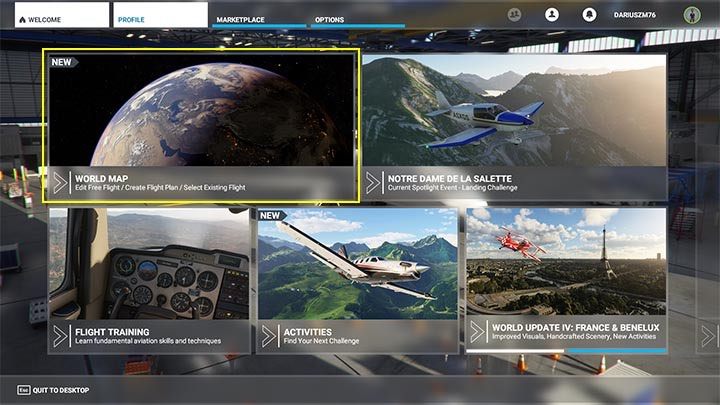 From the main menu, select world map mode - Microsoft Flight Simulator: How to create passenger aircraft flight plan? - Passenger aircraft - Microsoft Flight Simulator 2020 Guide