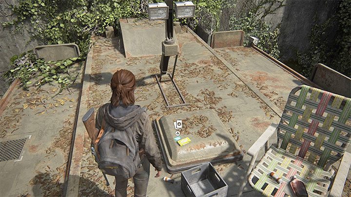 Die Sammelkarte liegt auf dem Dach neben der Sonnenbank – The Last of Us 2: The Gate – Sammlerstücke, Artefakte, Münzen – Seattle Tag 1 – Ellie – The Last of Us 2 Guide