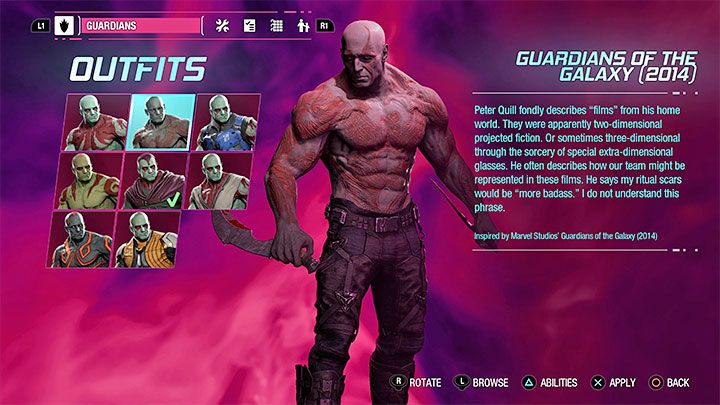 Das „Guardians of the Galaxy 2014“-Outfit für Drax ist in Kapitel 4 der Kampagne erhältlich (Sie erhalten es unabhängig davon, ob Sie Groot oder Rocket verkauft haben) – Guardians of the Galaxy: Outfits aus dem Film – sind sie im Spiel?  - Anhang – Guardians of the Galaxy Guide