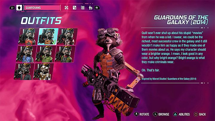 Das Guardians of the Galaxy 2014-Outfit für Rocket ist in Kapitel 1 der Kampagne erhältlich – Guardians of the Galaxy: Outfits aus dem Film – sind sie im Spiel?  - Anhang – Guardians of the Galaxy Guide