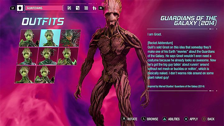 Das Guardians of the Galaxy 2014-Outfit für Groot ist in Kapitel 1 der Kampagne erhältlich – Guardians of the Galaxy: Outfits aus dem Film – sind sie im Spiel?  - Anhang – Guardians of the Galaxy Guide
