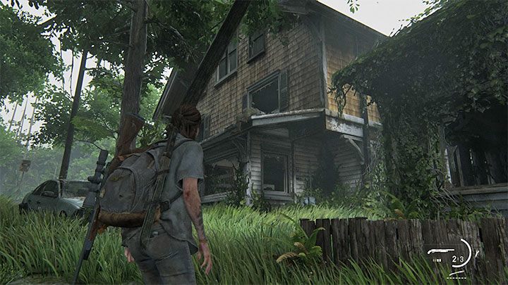 You must investigate the last building on the right side of an overgrown road as shown in the picture above - The Last of Us 2: Hillcrest - collectibles, artefacts, coins - Seattle Day 2 - Ellie - The Last of Us 2 Guide