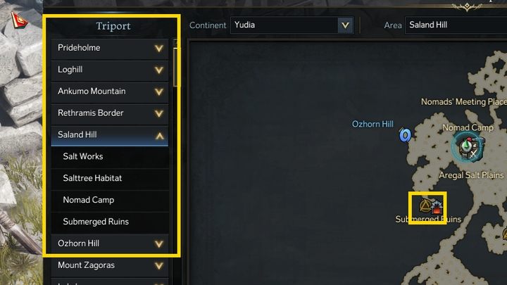 Um Schnellreisen zu nutzen, öffnen Sie die Karte und wählen Sie einen der freigeschalteten Triports aus – markiert durch einen Kreis mit einem Dreieck darin – aktive Triports sind bräunlich-gelb, inaktive sind grau – Lost Ark: Schnellreisen – wie funktioniert es?  - Spielwelt - Lost Ark Guide