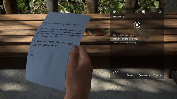 Beide Sammlerstücke befinden sich zu Beginn der Phase automatisch in Abbys Inventar – The Last of Us 2: Tracking-Lektion – Sammlerstücke, Artefakte, Münzen – The Park – The Last of Us 2 Guide