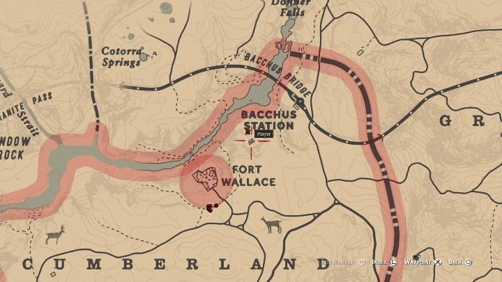 This bone is between Baccus Station and Fort Wallace - Red Dead Redemption 2: Dinosaur Bones - where to find all of them? Maps - Dinosaur bones and Rock Carvings - Red Dead Redemption 2 Guide