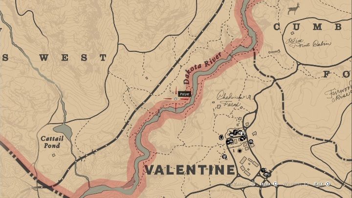 This bone is located north from Valentine, near Dakota River - Red Dead Redemption 2: Dinosaur Bones - where to find all of them? Maps - Dinosaur bones and Rock Carvings - Red Dead Redemption 2 Guide