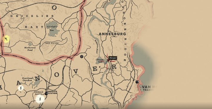Die letzte Schnitzerei finden Sie südlich von Annesburg, genau am Elysian Pool – Red Dead Redemption 2: Felszeichnungen – wo findet man sie alle?  Karten – Dinosaurierknochen und Felszeichnungen – Leitfaden zu Red Dead Redemption 2