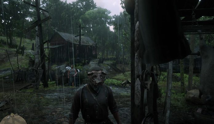 The Pig Mask hangs on the wooden pole near the cabins - Red Dead Redemption 2: Unique items - maps, locations, tips - Secrets and collectibles - Red Dead Redemption 2 Guide