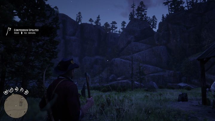 The tomahawk is stuck in a tree stump near wooden pillars - Red Dead Redemption 2: Unique items - maps, locations, tips - Secrets and collectibles - Red Dead Redemption 2 Guide