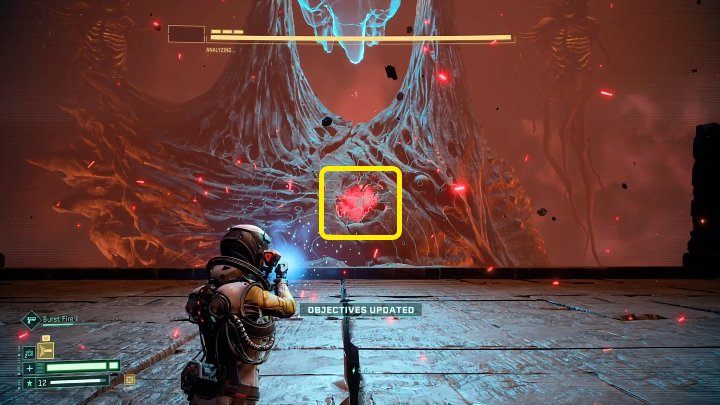 During the first phase of the fight against Nemesis, you must aim at the boss's weak point, which is marked in the above picture - Return: Nemesis - boss, how to defeat? - Bosses - Returnal Guide