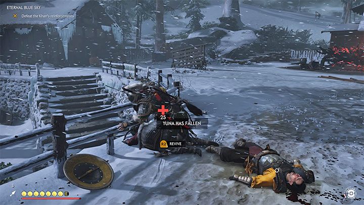 During the fight, a situation occurs where Yuna falls and begins to bleed out - Ghost of Tsushima: Eternal Blue Sky walkthrough, video guide - Act 3 - Ghost of Tsushima Guide, Walkthrough