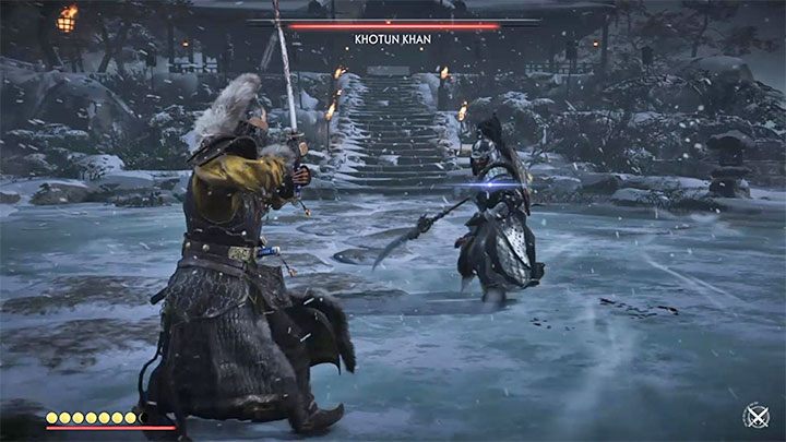 Once the animation of Jins and Khan wrestling appears, the boss also begins to use blue attacks - Ghost of Tsushima: Eternal Blue Sky walkthrough, video guide - Act 3 - Ghost of Tsushima Guide, Walkthrough