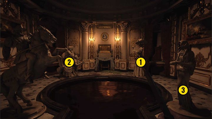You will reach the Hall of Ablution, where you have to solve a puzzle with 4 statues that can be rotated left or right - Resident Evil Village: Castles Courtyard - walkthrough - Dimitrescu Castle - Resident Evil Village Guide