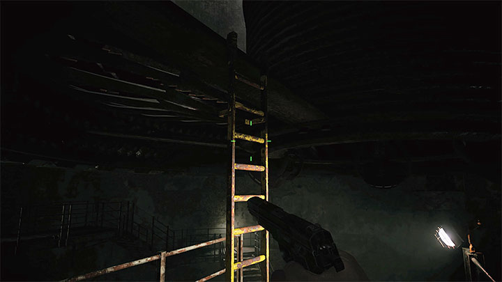 Sobald die Riesenklinge deaktiviert ist, können Sie die bisher nicht verfügbare Leiter verwenden – Resident Evil Village: Erkundung von Etage B3 – Komplettlösung – Fabrik – Resident Evil Village Guide
