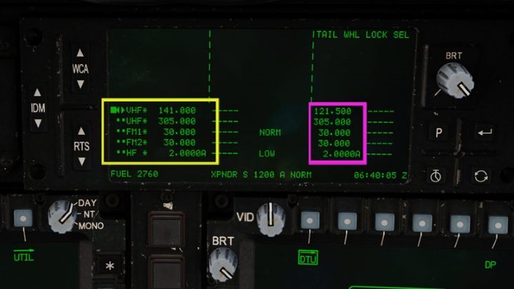 Das EUFD-Display (Enhanced Up-Front Display) zeigt immer die aktuellen Frequenzen für jedes Funkgerät und daneben Sekundär-/Alternativfrequenzen für einen schnellen Austausch an – DCS AH-64D Apache: Funkkommunikation – wie verwendet man Funkgeräte?  - Systeme und Sensoren - DCS AH-64 Apache Guide