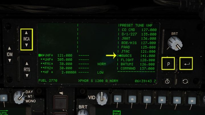 Die P-Taste zeigt eine Liste vordefinierter Voreinstellungen mit Frequenzen an – DCS AH-64D Apache: Funkkommunikation – Wie verwendet man Funkgeräte?  - Systeme und Sensoren - DCS AH-64 Apache Guide