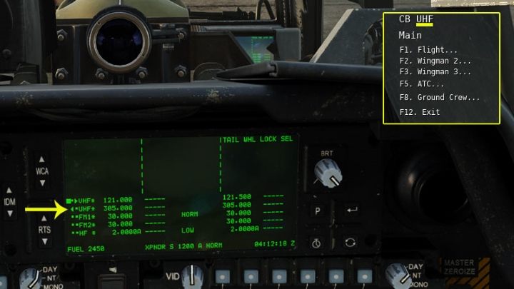 Wählen Sie das Radio mit dem Schalter oder der RTS-Taste aus und drücken Sie dann die Tasten RAlt +/ oder den RTS-Schalter LINKS auf der zyklischen Seite – DCS AH-64D Apache: Funkkommunikation – wie verwendet man Funkgeräte?  - Systeme und Sensoren - DCS AH-64 Apache Guide