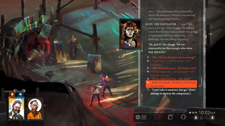 Während der Begegnung solltest du Ruby so viele verfügbare Fragen wie möglich stellen - Disco Elysium: Suche Ruby an der Küste - Komplettlösung - Ruby und der Schütze - Disco Elysium Guide