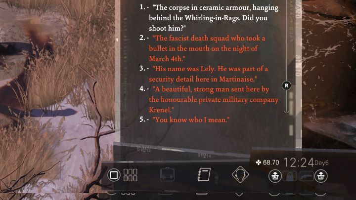 Im weiteren Verlauf des Gesprächs erfährt man unter anderem, wie lange sich der Deserteur bereits auf der Insel aufhält und welche Morde er zuvor begangen hat - Disco Elysium: Dem Deserteur ein Geständnis entlocken - Komplettlösung - Ruby und der Schütze - Disco Elysium Guide