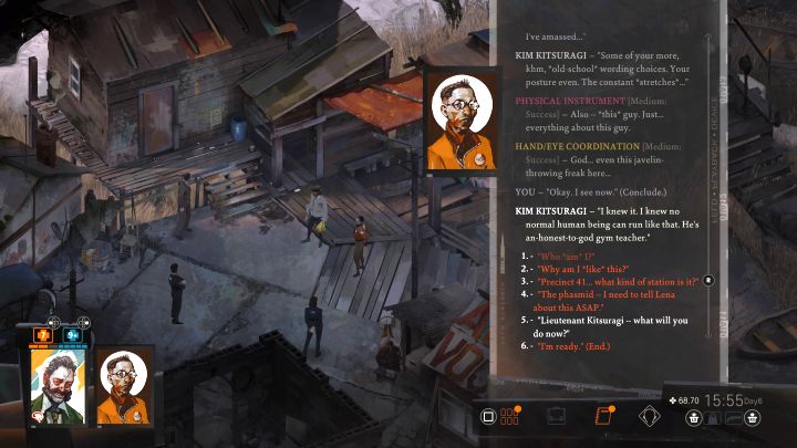 Der letzte Teil des Treffens betrifft entweder Kim oder Cuno - Sie können sie nach ihren weiteren Plänen fragen und versuchen, ihnen einen Job in 41 zu verschaffen - Disco Elysium: The Return - Komplettlösung - Ruby und der Schütze - Disco Elysium Guide