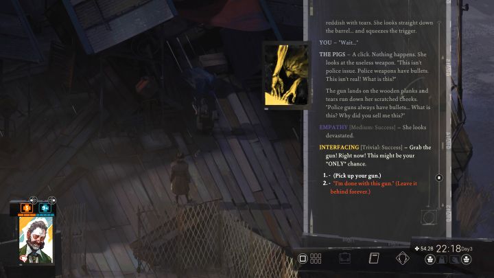 Unabhängig vom Ergebnis des Skill-Checks wird die Waffe auf dem Boden landen - Disco Elysium: Stelle dich den Schweinen und hol dir deine Waffe zurück - Komplettlösung - Persönlich - Disco Elysium-Handbuch