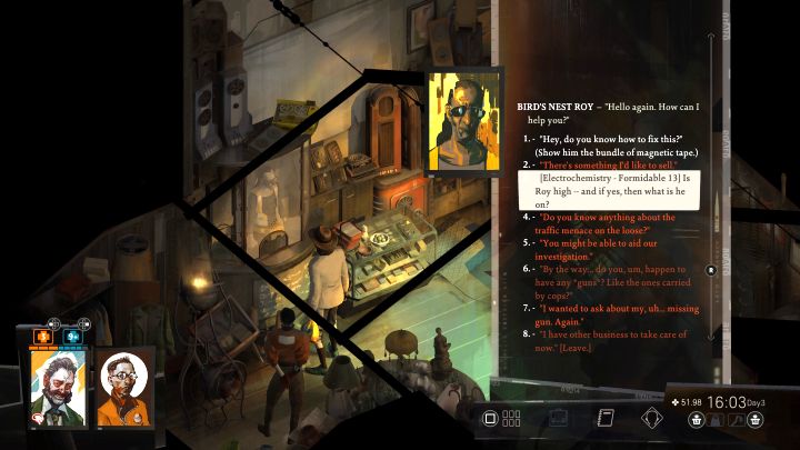 Gehen Sie mit dem erhaltenen Bündel Magnetbänder zum Pfandhaus westlich des Baumes – Disco Elysium: Make van Eycks Jam Harder Core – Komplettlösung – Church and the Ravers – Disco Elysium Guide