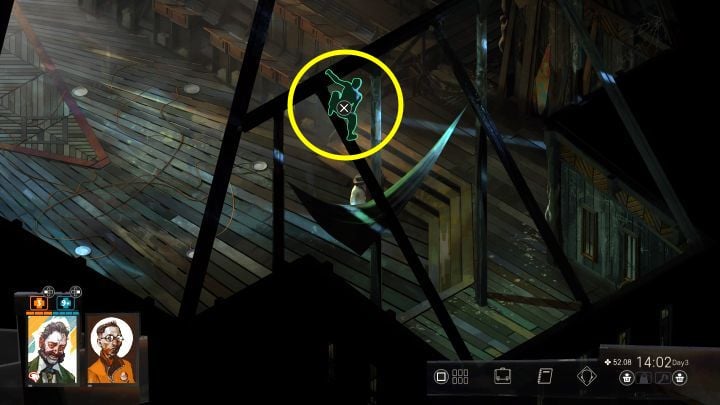 Der Spooker ist eine mysteriöse Figur, die an der Decke der Kirche erscheint - wir haben sie im Screenshot markiert - Disco Elysium: Hilf Ravers, einen Nachtclub zu eröffnen - Komplettlösung - Kirche und die Ravers - Disco Elysium Guide