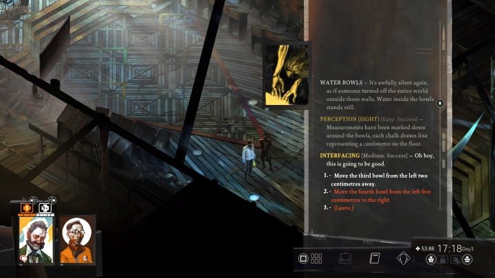 Gehen Sie in den südöstlichen Teil der Kirche und interagieren Sie mit den Wasserschalen (siehe Screenshot) - Disco Elysium: Helfen Sie Soona bei ihrem Projekt - Komplettlösung - Kirche und die Raver - Disco Elysium-Handbuch