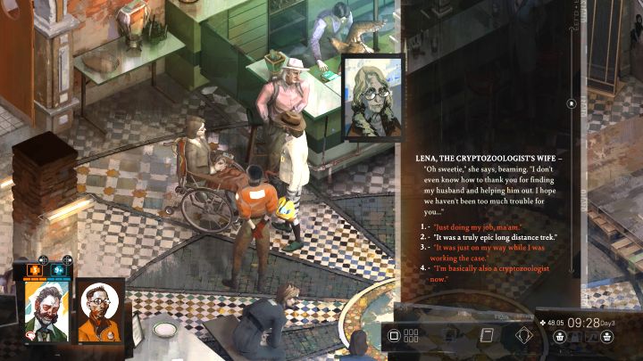 Wenn alle Fallen untersucht sind, kannst du zum Hotel zurückkehren. In der Cafeteria im Erdgeschoss solltest du Morell, Gary und Lena (die Frau im Rollstuhl, die dich losgeschickt hat, um Morell zu finden) begegnen. Disco Elysium: Untersuche die Fallen – Komplettlösung – Kryptozoologen – Disco Elysium-Handbuch