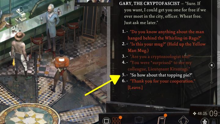 Sprich zuerst mit Lena und hol dir die Belohnung für diese Aufgabe - Disco Elysium: Hol dir den Topping-Kuchen von Gary - Komplettlösung - Kryptozoologen - Disco Elysium-Handbuch