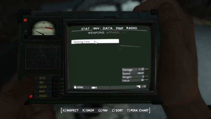 Es lohnt sich, den Stock gleich als aktive Waffe im PipBoy einzustellen – er verursacht 17 Schadenspunkte – Fallout London: Wie bekommt man seine erste Waffe? – Ausrüstung – Fallout London Guide