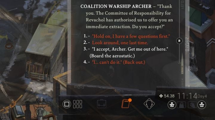Wenn Sie über die Phänomene berichtet und sie beschrieben haben (extern, Gradient), können Sie den Wunsch zur Evakuierung an Bord des Luftschiffs bestätigen (Screenshot oben) - Disco Elysium: Übernehmen Sie La Responsabilite - Komplettlösung - Politische Aufgaben - Disco Elysium Guide