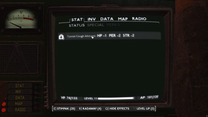 Tunnelhusten verringert deine Stärke- und Wahrnehmungswerte um 2 Punkte und verringert ständig deine Gesundheit – Fallout London: Was ist Tunnelhusten? – Erkundung – Fallout London-Handbuch