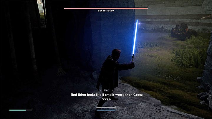 Die Höhle ist sehr dunkel, aber Sie können das Lichtschwert als Taschenlampe verwenden - Oggdo Bogdo (Bogano Planet) | Boss der Gefallenen Ordnung - Bosses - Star Wars Jedi Fallen Order Guide
