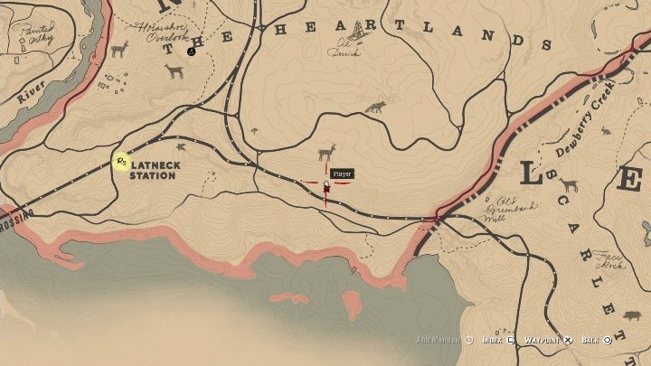 Der erste Knochen befindet sich westlich der Latneck Station, direkt neben den Eisenbahnschienen - Dinosaurierknochen in Red Dead Redemption 2 - Dinosaurierknochen und Felszeichnungen - Red Dead Redemption 2 Guide